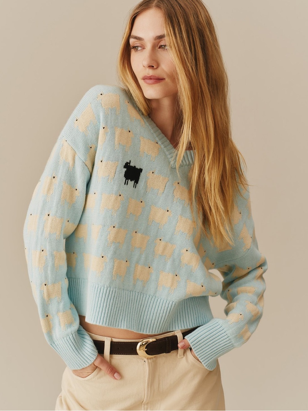 Warm & Wonderful Diana Edition Cotton Linen VNeck Sheep Sweater light blue,S M L